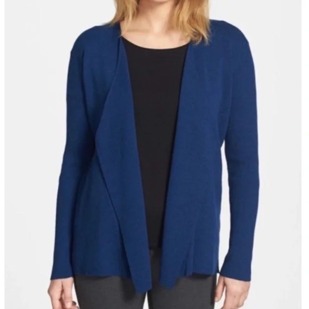 NWOT Eileen Fisher Deep Blue Wool Cardigan Sweater Size Medium Petite